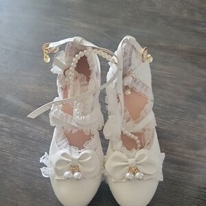 White Pearl-Embellished Bow Mary Jane Heels for Women
